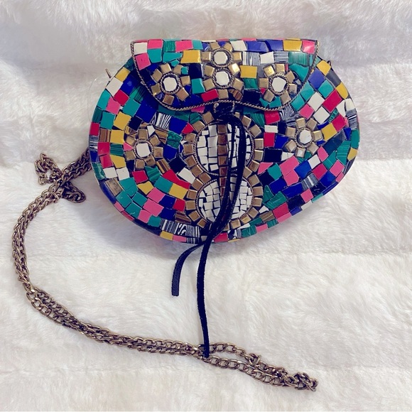 Like New/EUC Lulu Handmade Multicolor Mosaic Stone Metal Clutch/Crossbody Purse - Picture 10 of 11